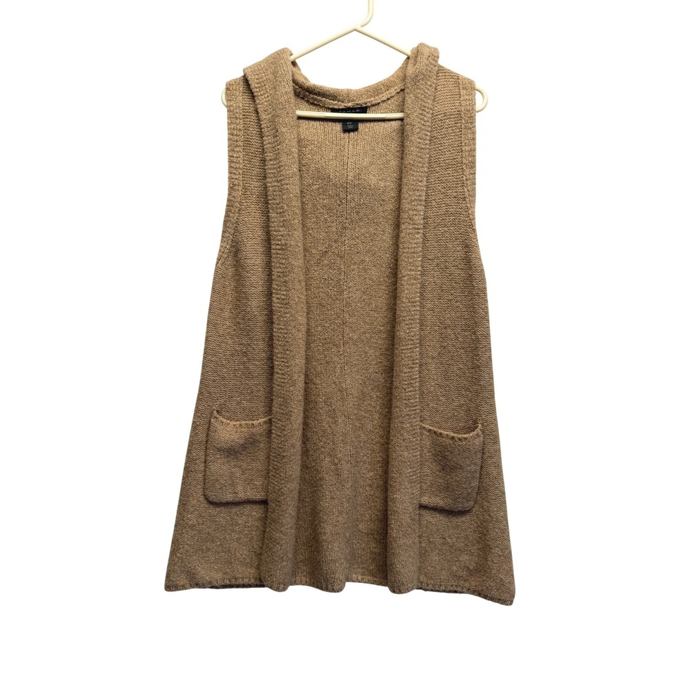 Tahari Sweater Vest Hooded Open Front Pockets Medium Brown Women